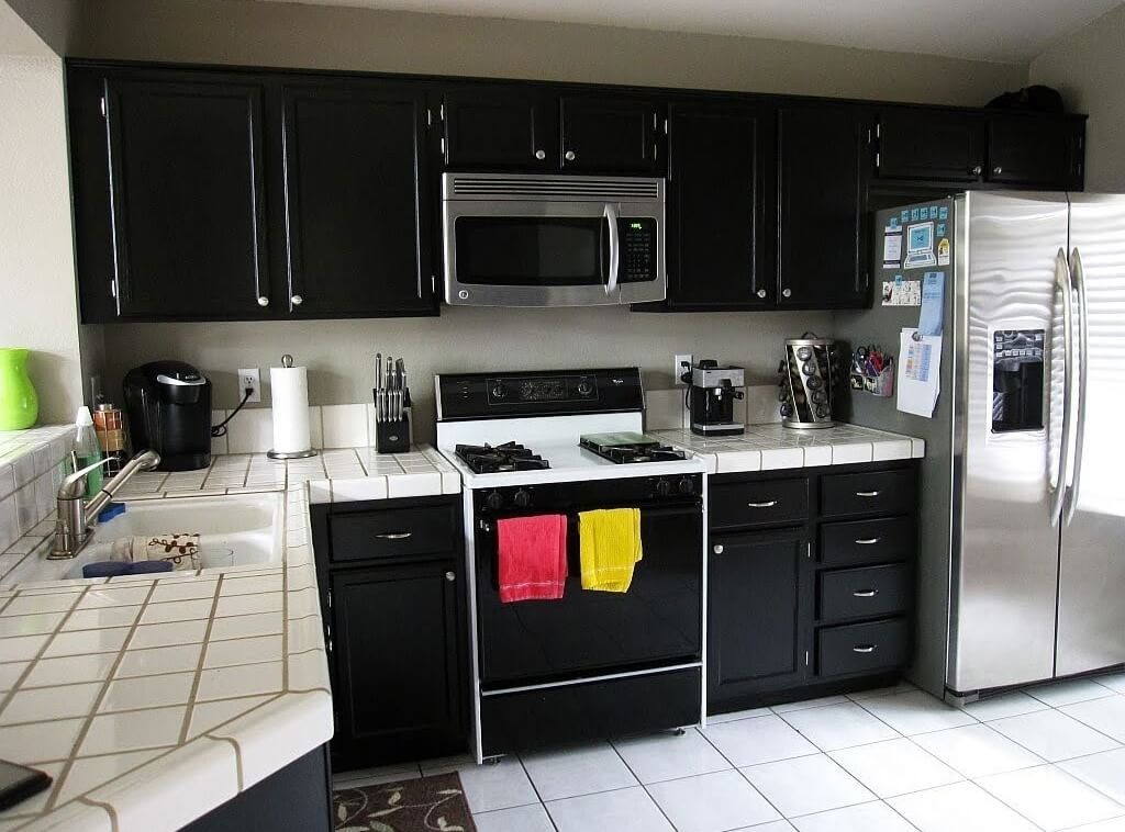 Kitchen Black Kitchen Cabinets With White Tile Countertops Fine On Affordable Dark Cabinet Combined Ceramic 16 Black Kitchen Cabinets With White Tile Countertops