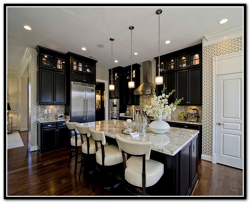 Kitchen Black Kitchen Cabinets With White Marble Countertops With