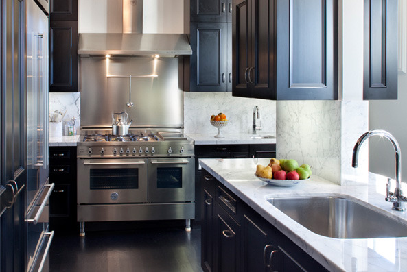 Kitchen Black Kitchen Cabinets With White Marble Countertops