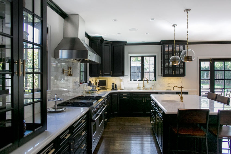 Kitchen Black Kitchen Cabinets With White Marble Countertops