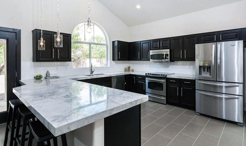 Kitchen Black Kitchen Cabinets With White Marble Countertops With