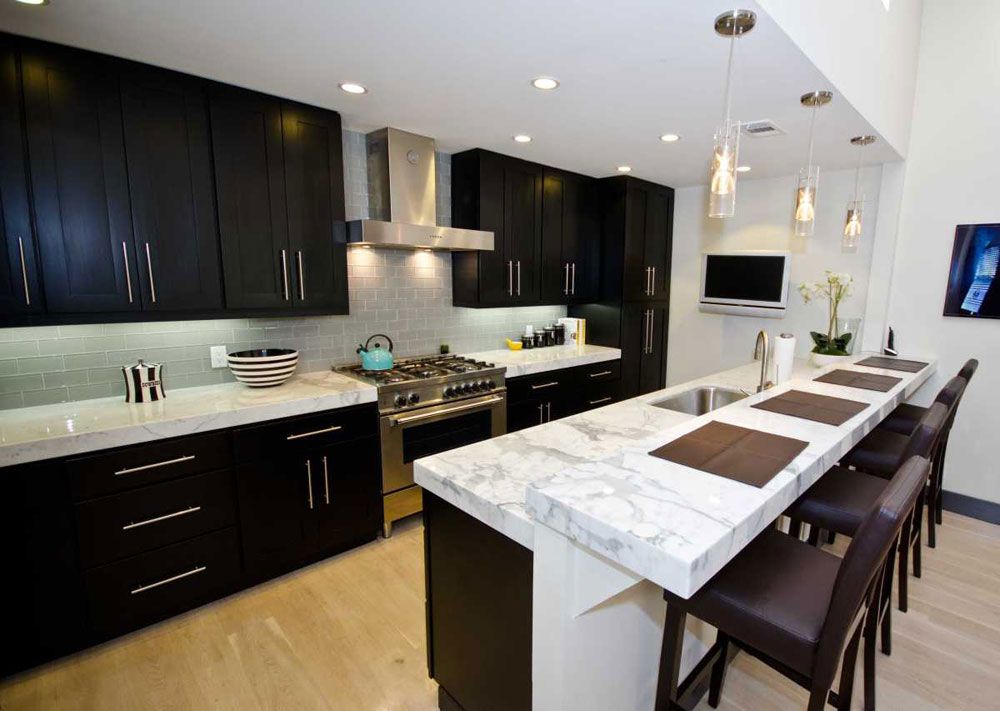 Kitchen Black Kitchen Cabinets With White Marble Countertops With