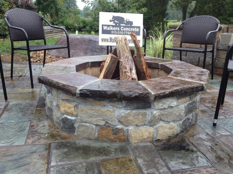 Home Stamped Concrete Patio With Square Fire Pit
