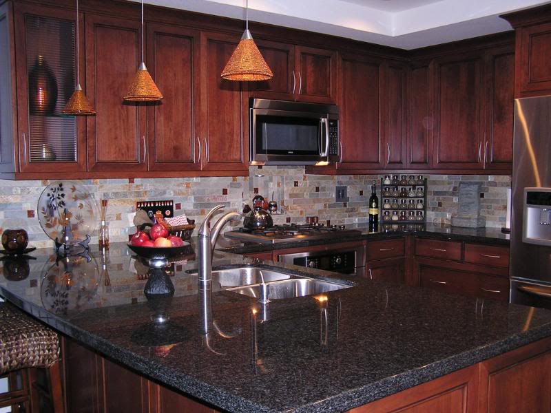 Kitchen Kitchen Backsplash Cherry Cabinets Black Counter Perfect