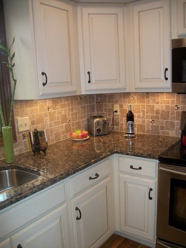 Kitchen Kitchen Backsplash White Cabinets Brown Countertop